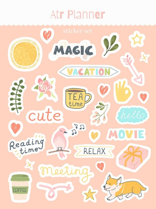 Аркуш наліпок А6 з написами Magic, Vacation, Tea Time, Relax, Movie, корги та пташкою, що співає