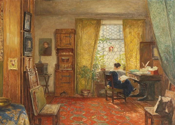 Painting of a woman writing by a window in an artist's studio with paintings on the wall
