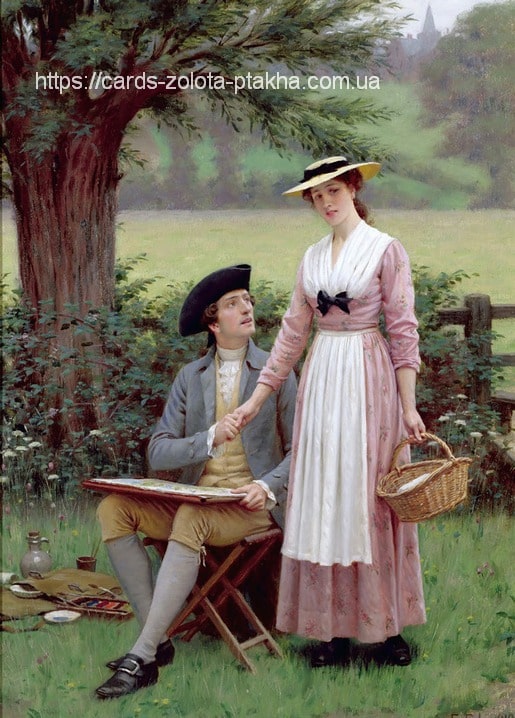 Artist sketching under a willow, holding hands with a woman in a pink dress and straw hat