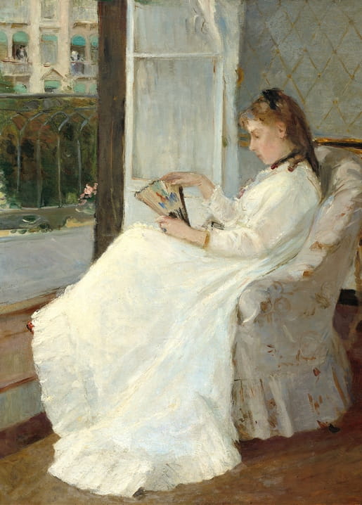 Impressionist painting of a woman in white sitting by a window holding a folded fan