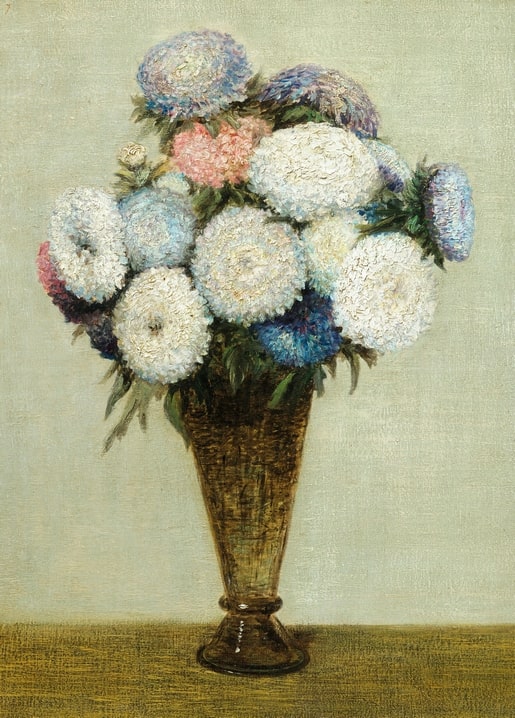 Pink, blue, and white asters in a bronze vase, still life by Henri Fantin-Latour