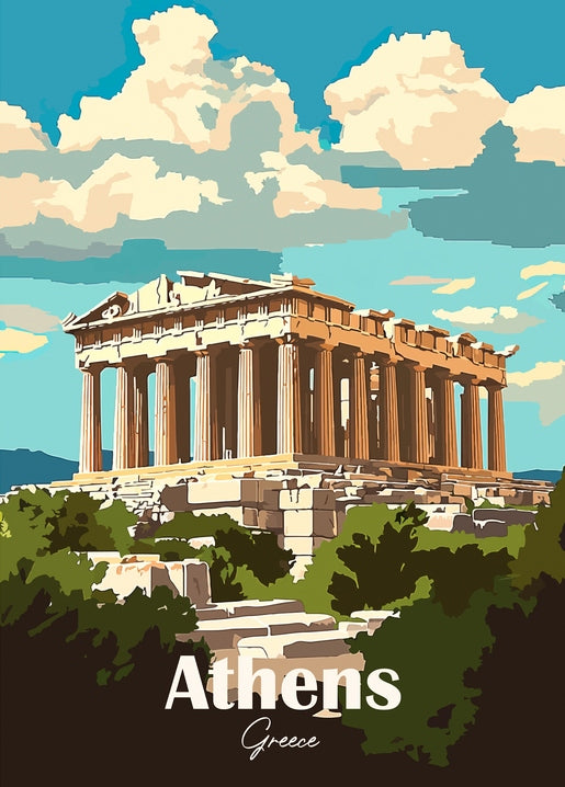 Illustrated travel poster postcard of the Parthenon in Athens under a blue sky