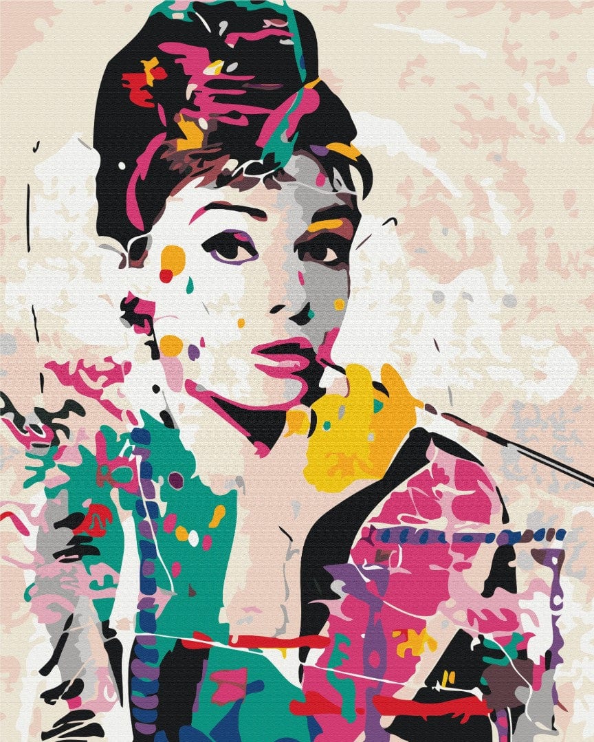 Pop-Art-Porträt von Audrey Hepburn mit Zigarettenspitze und Farbspritzern