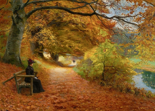 Painting of a woman seated on a bench along a golden beech forest path in autumn