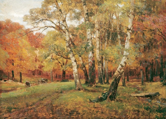 Autumn birch forest with a man resting under a tree and horses grazing on the path, by Hugo Charlemont
