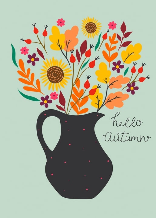 Illustrated jug with sunflowers, rose hips and autumn leaves, text hello autumn on mint background