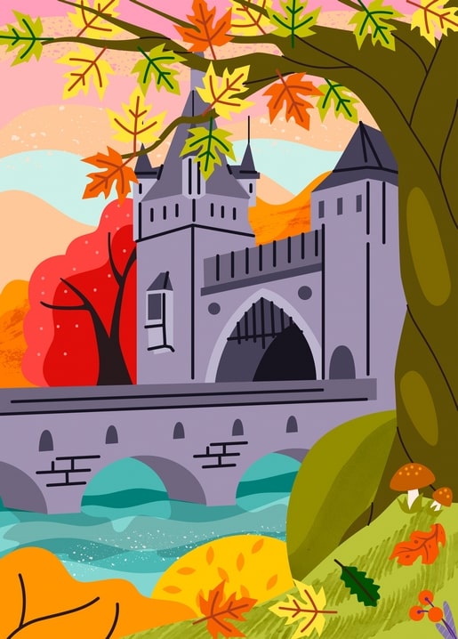 Illustrated fairytale castle with turrets over a stone bridge, framed by autumn maple leaves and a red tree