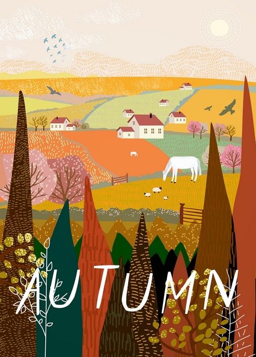 Золоті пагорби, біла конячка, вівці та птахи над невеликим селом, напис AUTUMN