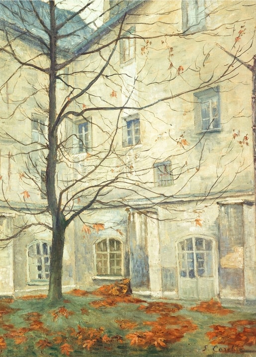 Herbstlicher Innenhof mit kahlem Baum, Laub und Klosterfassade, Gemälde von Georges-Émile Carette.