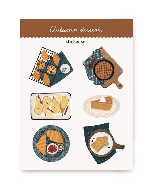 A6-Stickerbogen 'Autumn Desserts' mit Zimtschnecken, Kuchen, Birnen und Waffeln