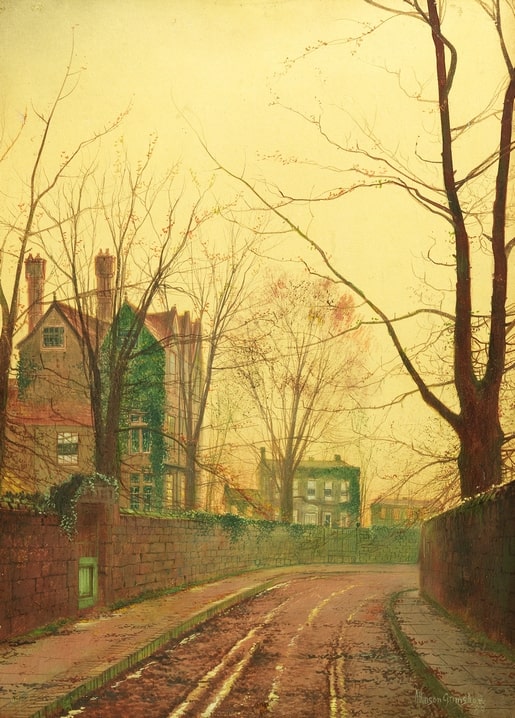 Nebelige goldene Herbststraße mit efeuberankten Mauern und kahlen Bäumen, Gemälde von Grimshaw