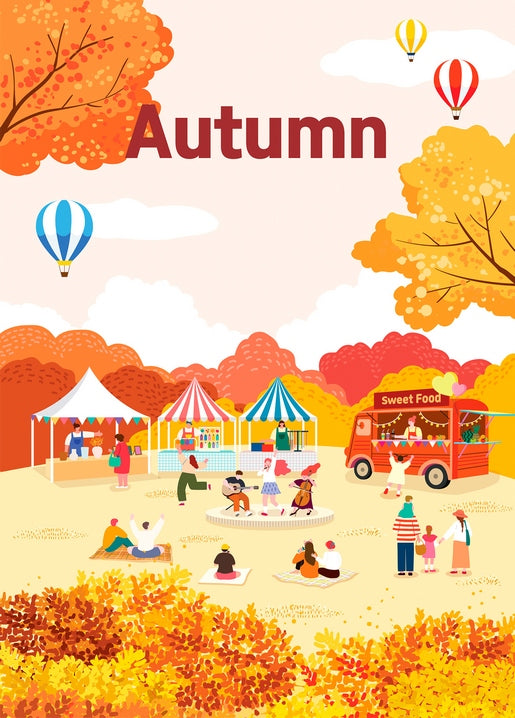 Illustrierter Herbstjahrmarkt mit Heißluftballons, Marktständen und picknickenden Familien