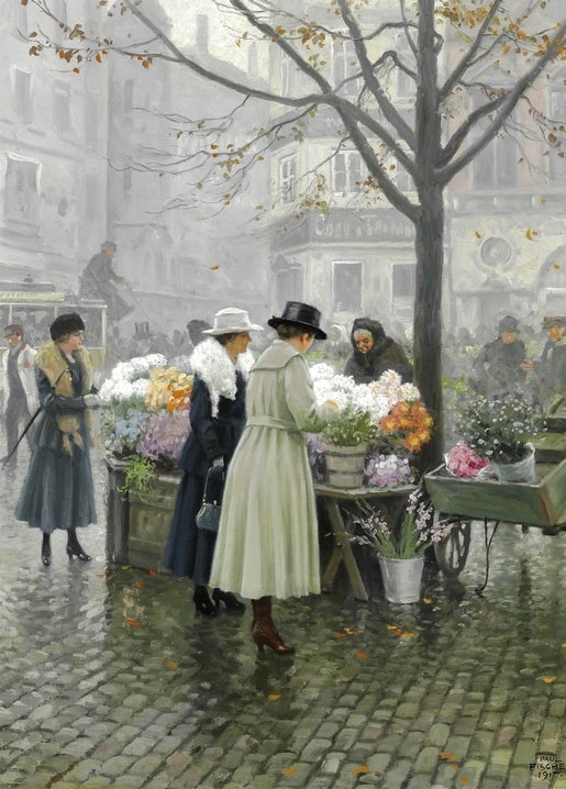 Frauen wählen Chrysanthemen und Dahlien an einem herbstlichen Blumenstand
