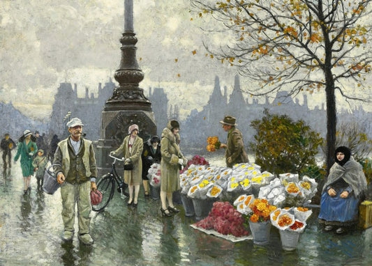 Ältere Blumenverkäuferin mit Blumenkörben an einer nebligen Herbst-Kaimauer, Gemälde von Paul Gustave Fischer