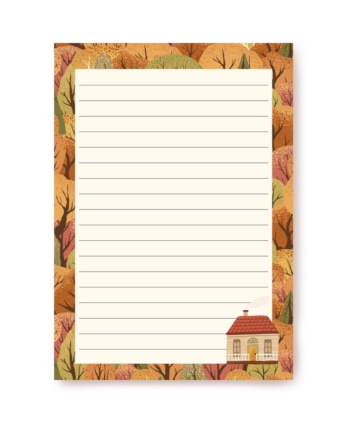 Golden autumn treetops around a small cottage with chimney smoke on lined A5 writing paper