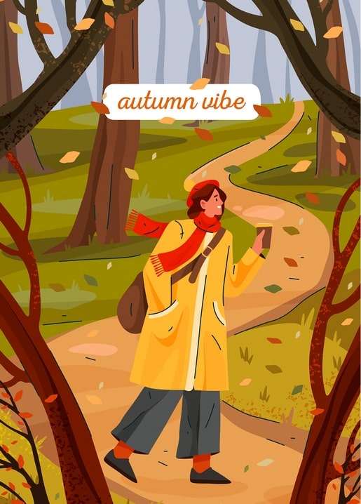 Illustrated postcard of a woman in a yellow coat walking an autumn forest path with a coffee cup