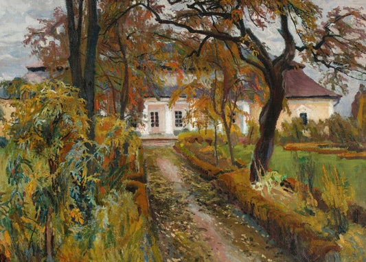 Gemälde von Stanisław Kamocki: herbstlicher Weg zu einem weißen Gutshaus