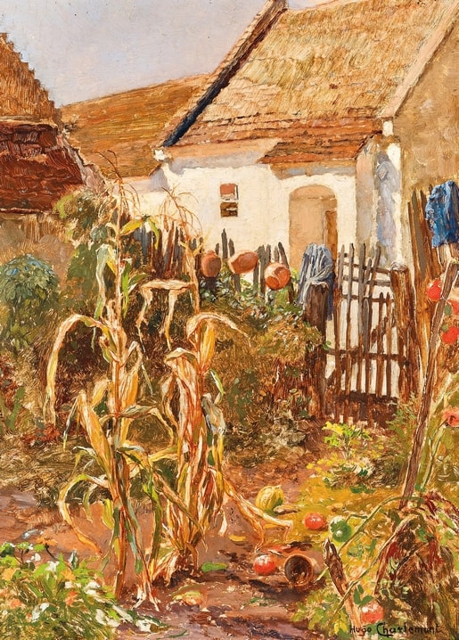 Painting of a thatched cottage with drying cornstalks and pumpkins in a Wachau garden