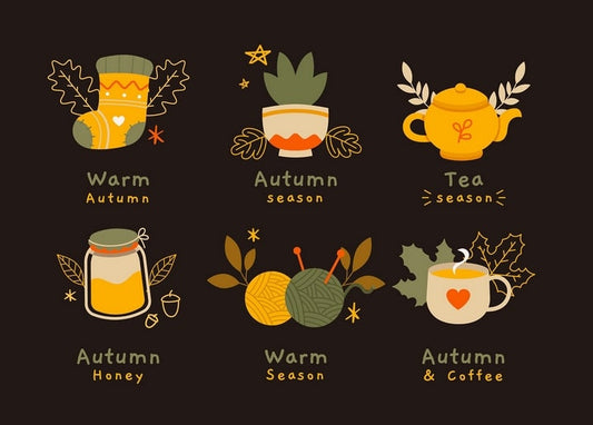 Grid of autumn icons: sock, teapot, honey jar, yarn balls and a heart mug