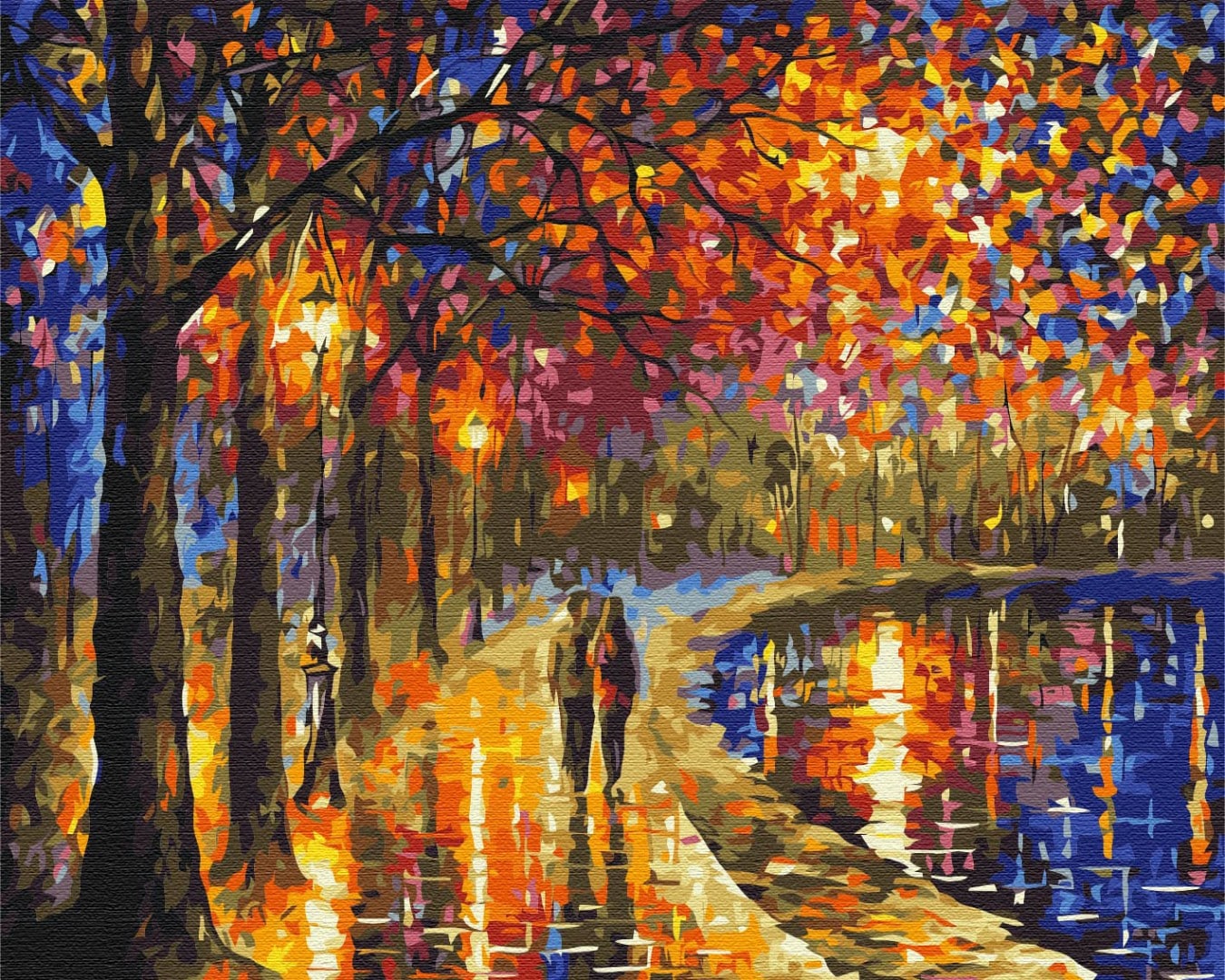 Impressionist painting by numbers of a couple walking a lakeside path in autumn