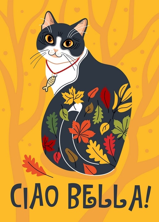 Black-and-white cat with an autumn leaf pattern on its fur among bare trees