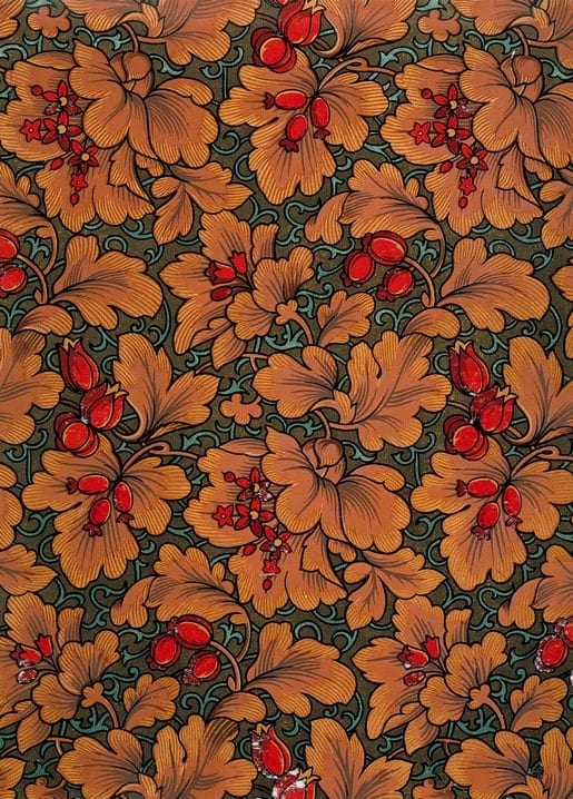 Decorative pattern of golden oak leaves and red berries on a dark green background