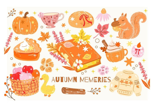 Flat-lay illustration of a pumpkin, squirrel, hot cocoa, book, and sweater for autumn
