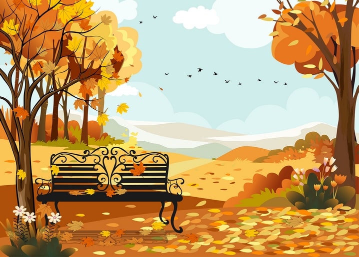 Illustrierte Parkbank unter goldenen Herbstbäumen mit fliegenden Vögeln