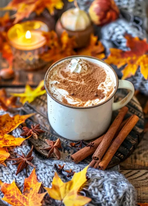 Autumn coffee postcard featuring a pumpkin spice latte with cinnamon, maple leaves and star anise
