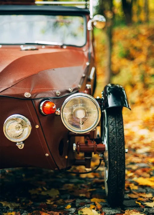 Autumn photo postcard featuring a vintage car on a leaf-covered road in a golden forest