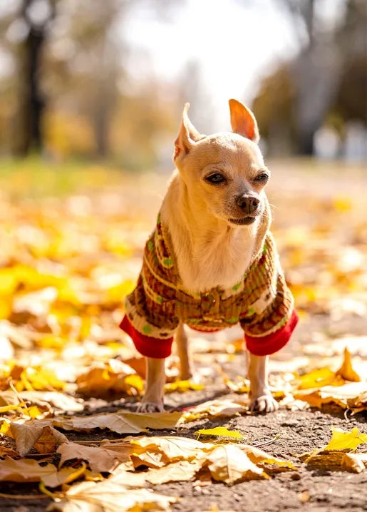 Cozy autumn photo postcard featuring a small dog in a knitted sweater walking through fallen leaves