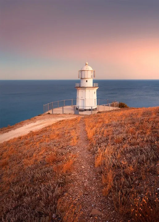 Autumn coastal photo postcard featuring a white lighthouse above the sea and copper-coloured grasses