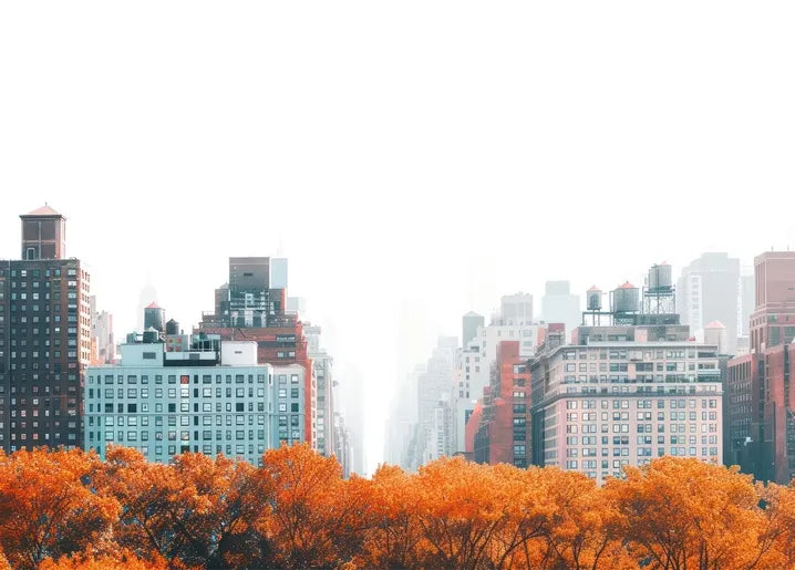 New York City photo postcard showing the Manhattan skyline beyond bright orange autumn trees
