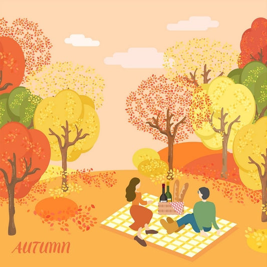 Illustration of a couple picnicking with wine and bread under colorful autumn trees