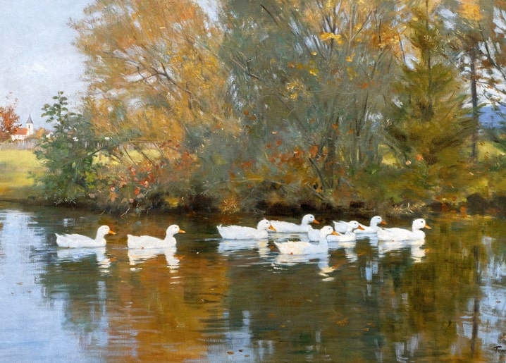 Gemälde: weiße Enten schwimmen auf einem Herbstteich nahe einer Dorfkirche