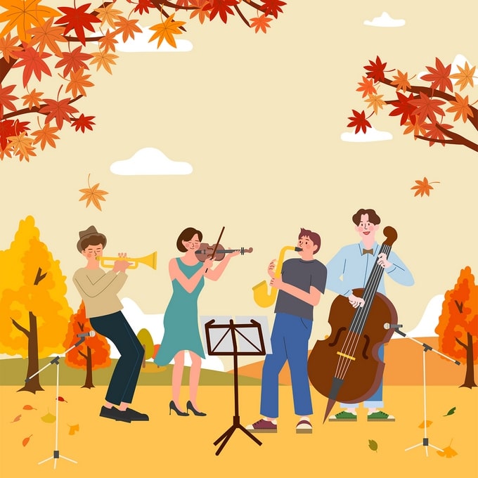 Illustriertes Herbstquartett mit Trompete, Geige, Saxofon und Kontrabass unter Ahornbäumen