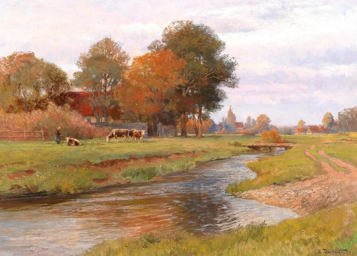 Autumn landscape painting of a river, grazing cows, farmhouse and distant village