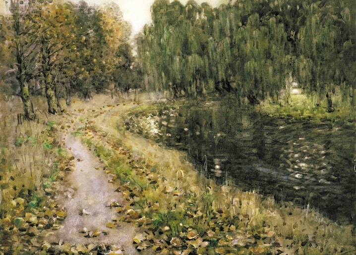 Muted watercolor-style painting of a leaf-strewn path beside a still river with willows