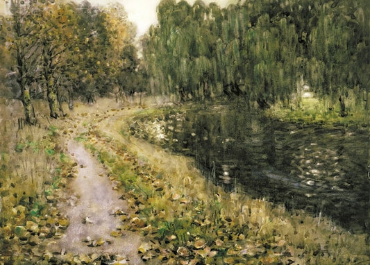 Muted watercolor-style painting of a leaf-strewn path beside a still river with willows