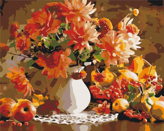 Autumn still life painting by numbers with dahlias, pomegranates and pears in a white vase