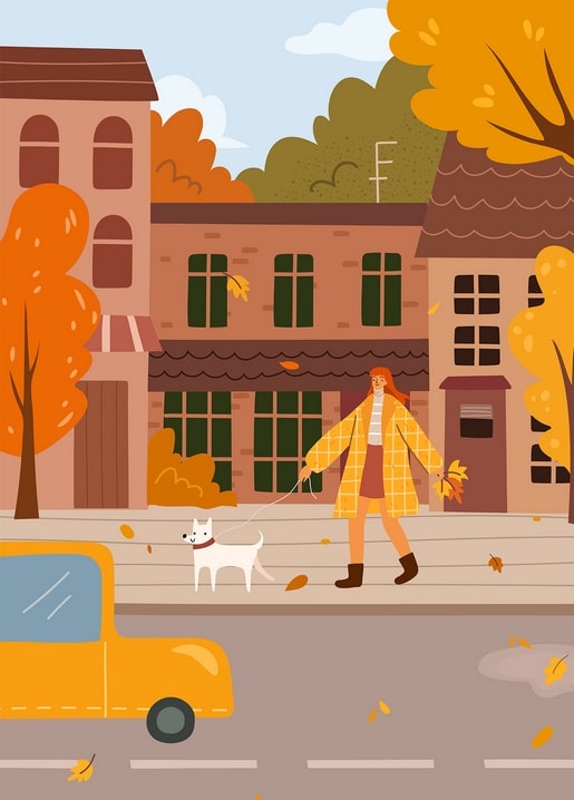 Woman in a yellow plaid coat walking a white dog past autumn trees and a parked yellow car