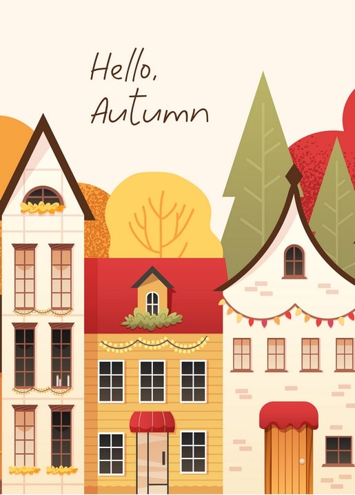 Illustrated autumn street with gabled townhouses, colorful trees and a handwritten “Hello, Autumn” greeting