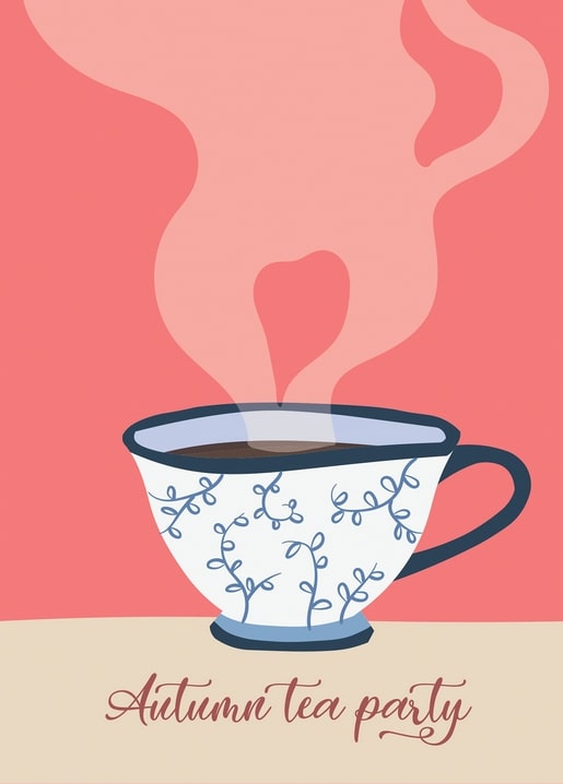 Illustrated teacup with rising steam on a coral background, text reading Autumn tea party