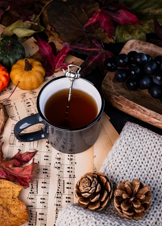 Emaille-Teetasse auf Notenblättern, umgeben von Mini-Kürbissen, Trauben, Zapfen und Herbstlaub