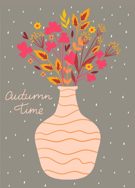 Blush vase with wildflower bouquet and 'Autumn Time' lettering on grey-green background