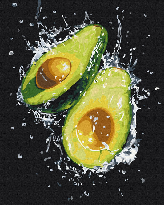 Paint-by-numbers canvas of two avocado halves with a dramatic water splash on black