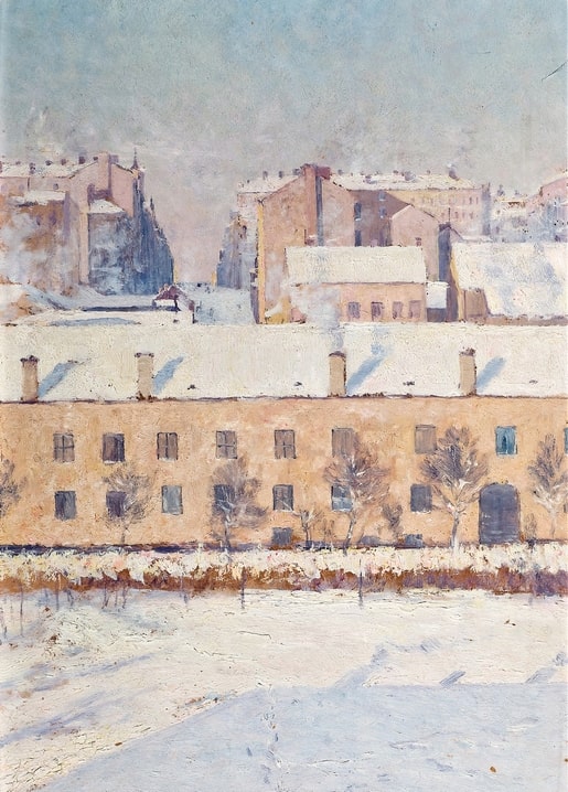 Axel Lindman painting of snow-covered rooftops and buildings in southern Stockholm