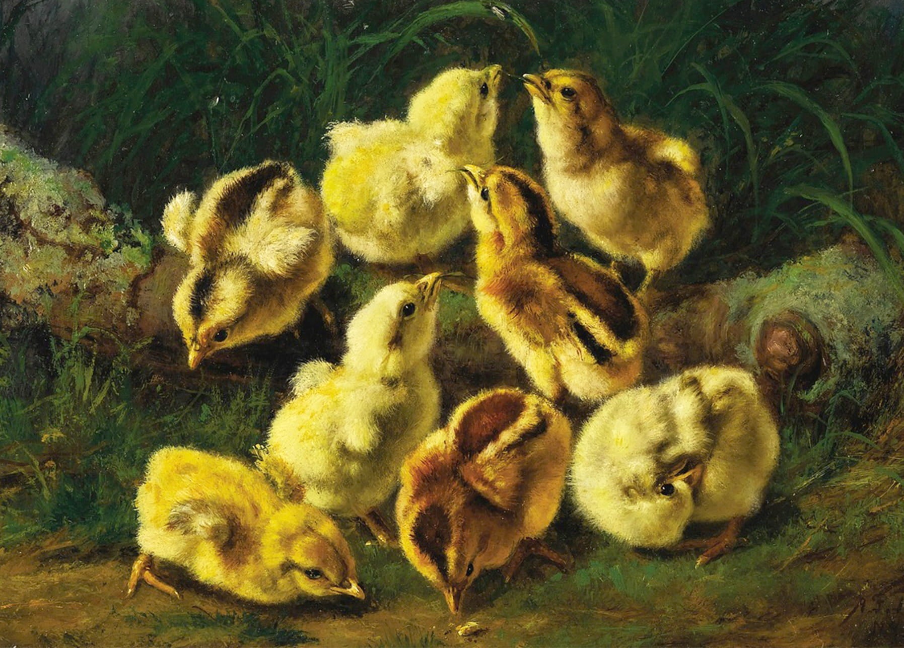 Eight fluffy spring chicks gathered in grass beside a mossy stone, painting by Arthur Fitzwilliam Tait