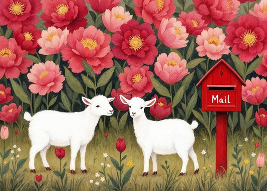 Two white baby goats beside a red mailbox amid blooming peonies and tulips