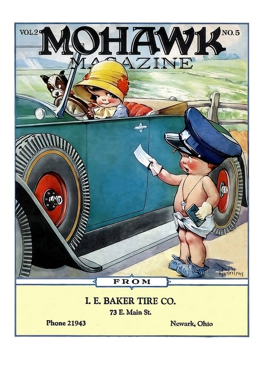 Vintage ad illustration of a baby postal carrier delivering a letter to a girl in a car